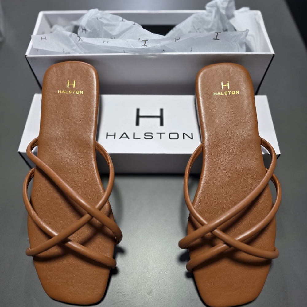 Halston Heritage Tan Brown Strappy Slide Sandals